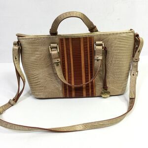 Brahmin Womens Mini Asher Cabana Vineyard Handbag Genuine Leather Cream Brown